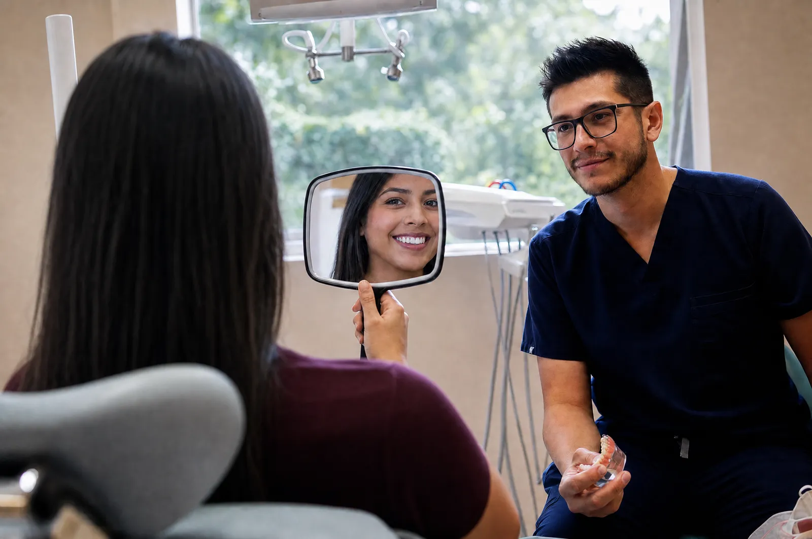 Dr. Vidales showing a patient her new smile in a hand mirror